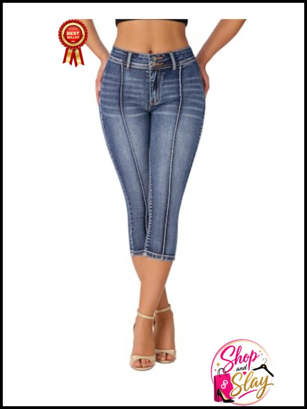 Women's Mid Rise Skinny Stretchy Capri Jeans Double Button Front Seam
